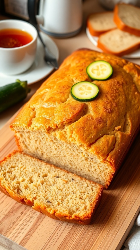 A golden-brown loaf of zucchini bread on a cutting board, garnished with zucchini slices.